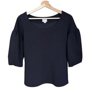 Anthropologie Black Houndstooth Textured Stretch Knit Balloon Sleeve Top Sz M